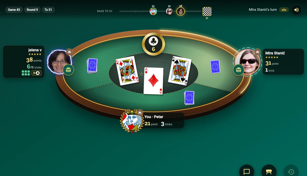 The new room in the middle of a round: golden laurel around the bottom player, lightning and neon around the two others