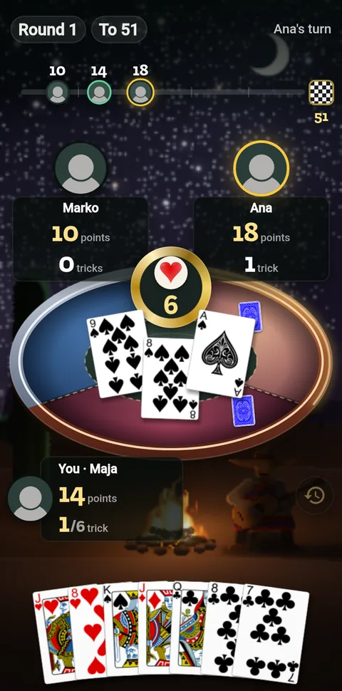 The new room on a phone: the race to 51 at the top, the oval table in the middle and the fanned hand at the bottom