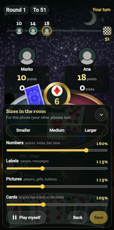 Sizes in the room on a phone: presets and sliders for the numbers, labels, pictures and cards over a round that plays itself