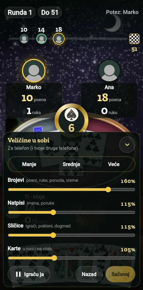 Veličine u sobi na telefonu: gotove veličine i klizači za brojeve, natpise, sličice i karte preko runde koja se igra sama