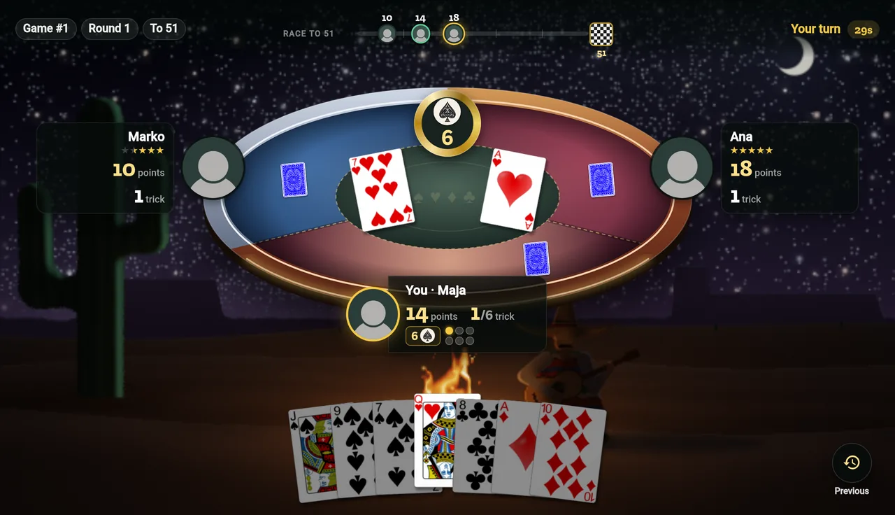 The new room in the middle of a round: Marko and Ana at the sides, three cards in the middle of the table, a bid of 6 and a full hand at the bottom