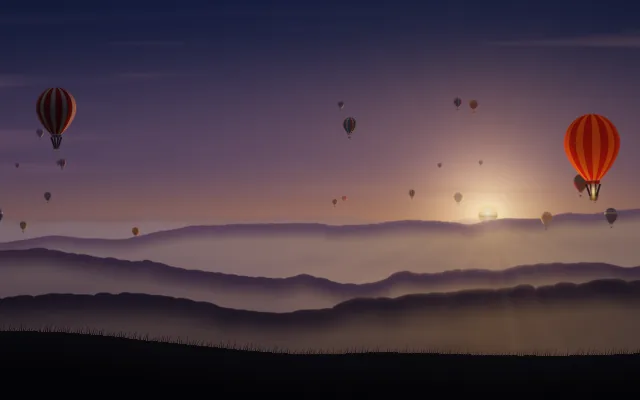 Balloons at dawn background: hot-air balloons rising over a misty valley at sunrise