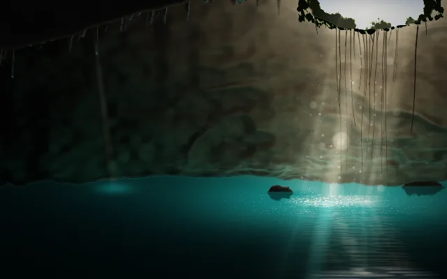 Cenote background: a shaft of sunlight falling onto turquoise water inside a cave