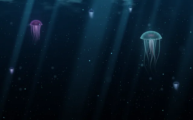 Deep sea background: glowing jellyfish in deep blue water
