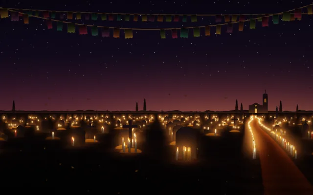 Day of the Dead background: a cemetery full of candles with a path of marigold petals