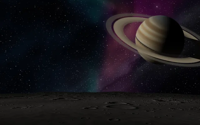 Space background: a ringed planet over the horizon of a cratered moon