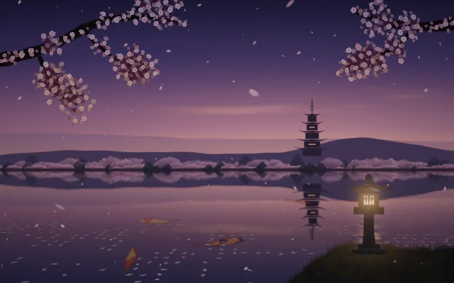 Sakura garden background: cherry blossoms over a pond with koi, a pagoda and a stone lantern