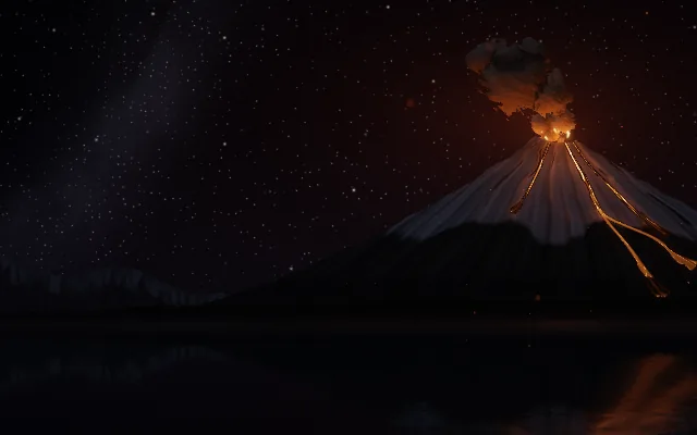Volcano background: Popocatépetl at night with lava and an ash cloud, mirrored in a lake