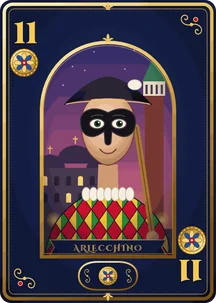 Fante of coins of the Venetian Carnival deck: Arlecchino in his diamond suit and black mask