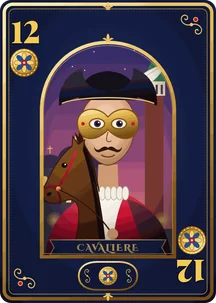 Cavallo of coins of the Venetian Carnival deck: a masked cavalier on his horse