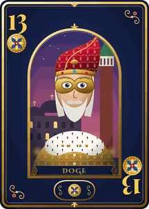 Re of coins of the Venetian Carnival deck: the doge in the corno ducale with a gold mask