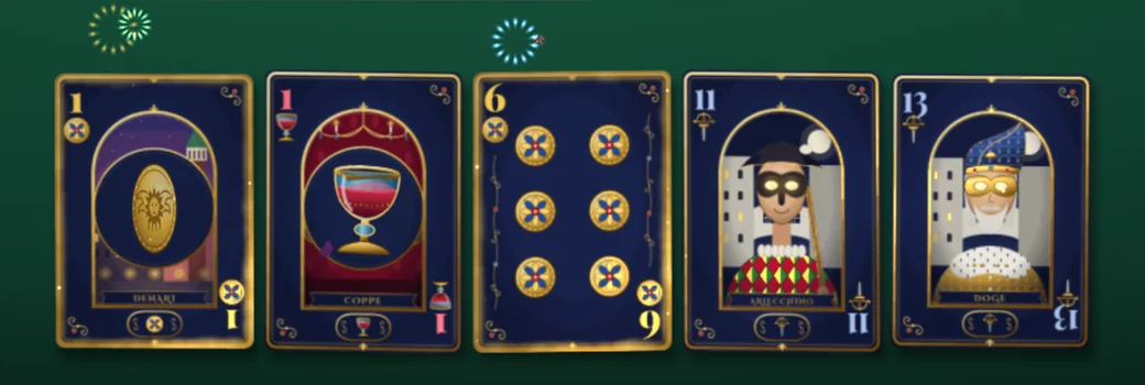 Cards of the Venetian Carnival deck under the mouse: the ducat spinning, wine in the goblet, Arlecchino and the doge with eyes glowing gold, and two coin cards gilded as trumps under small fireworks