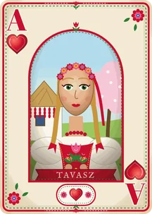 Ace of hearts of the Hungarian Puszta deck: spring, a girl in folk dress with TAVASZ on a ribbon