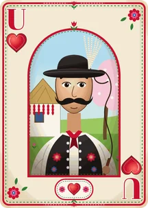 Unter of hearts of the Hungarian Puszta deck: a csikós horse herder with a whip and a crane-feather hat