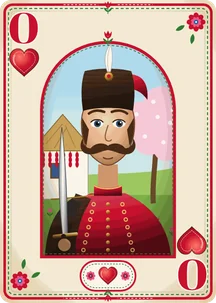 Ober of hearts of the Hungarian Puszta deck: a hussar with a sabre and a fur kalpak