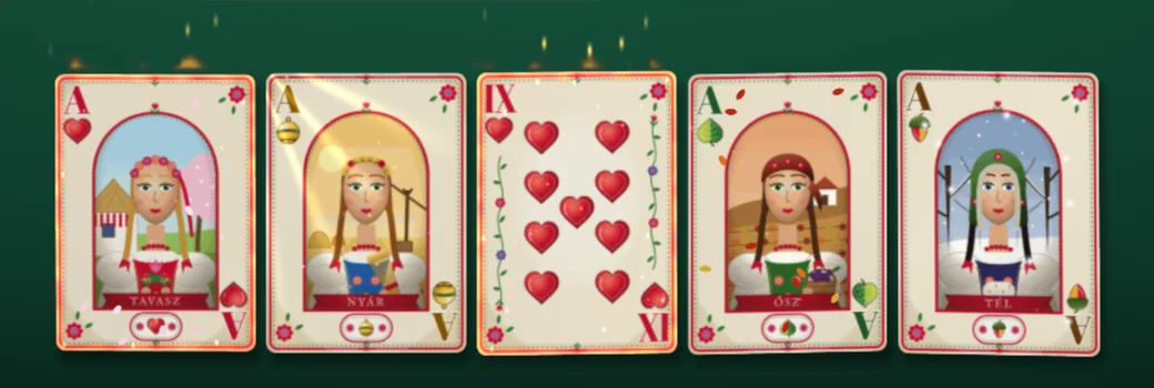 The four aces of the Hungarian Puszta deck under the mouse, with spring petals, the summer sun, autumn leaves and winter snow, next to the nine of hearts smouldering red as a trump